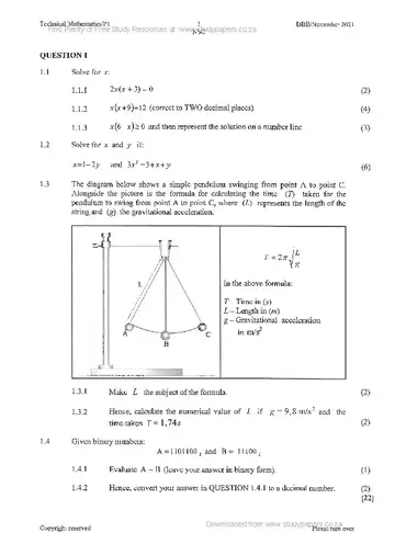 Technical Mathematics Grade 12 November 2021 Paper 1 (National DBE) question paper, first page of questions