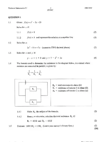 Technical Mathematics Grade 12 May/June 2022 Paper 1 question paper, first page of questions