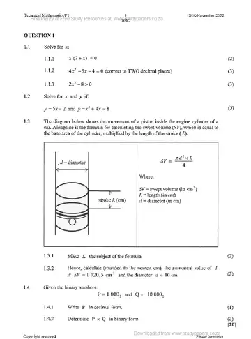Technical Mathematics Grade 12 November 2022 Paper 1 (National DBE) question paper, first page of questions