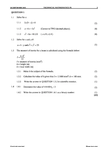 Technical Mathematics Grade 12 September Trial 2025 Paper 1 question paper, first page of questions