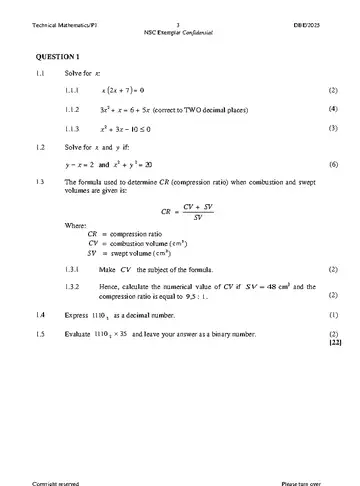 Technical Mathematics Grade 12 November Exemplar 2025 Paper 1 (National DBE) question paper, first page of questions