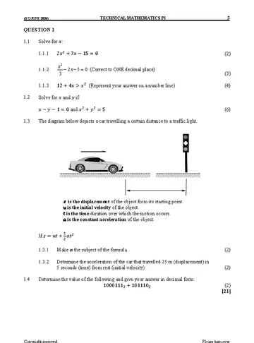 Technical Mathematics Grade 12 June 2026 Paper 1 question paper, first page of questions