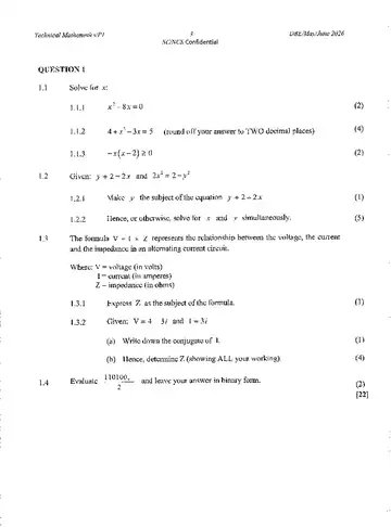 Technical Mathematics Grade 12 May/June 2026 Paper 1 question paper, first page of questions