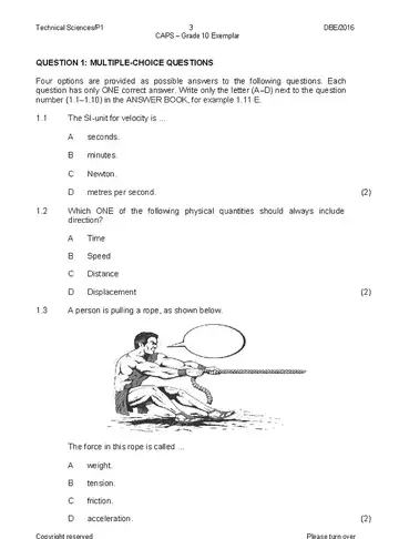 Technical Sciences Grade 10 Exemplar 2016 Paper 1 question paper, first page of questions