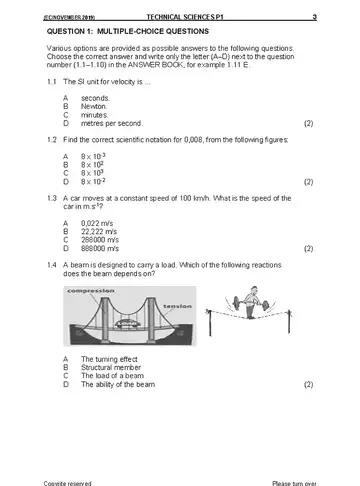 Technical Sciences Grade 10 November 2019 Paper 1 question paper, first page of questions