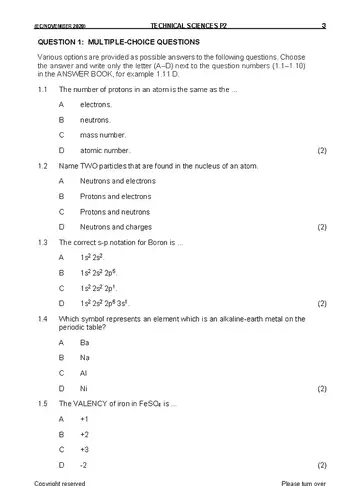 Technical Sciences Grade 10 November 2020 Paper 2 question paper, first page of questions