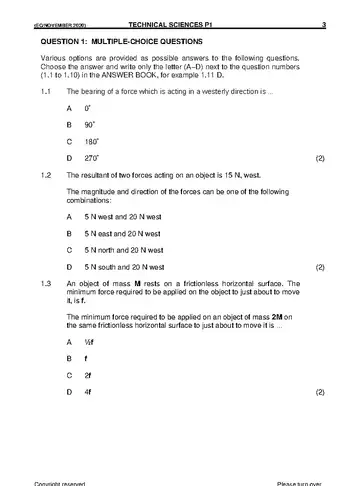 Technical Sciences Grade 11 November 2020 Paper 1 question paper, first page of questions
