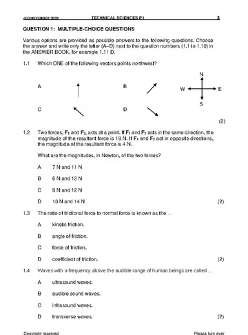 Technical Sciences Grade 11 November 2023 Paper 1 question paper, first page of questions