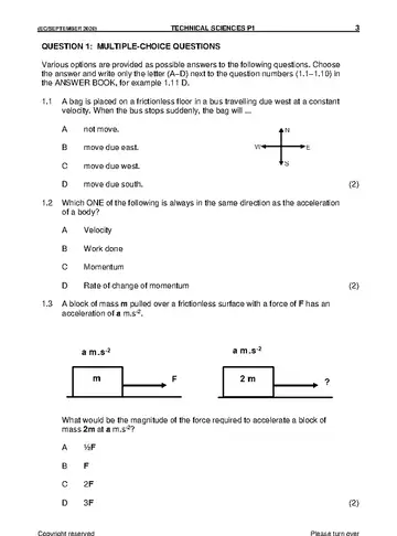 Technical Sciences Grade 12 September Trial 2020 Paper 1 question paper, first page of questions