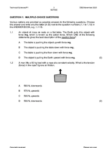 Technical Sciences Grade 12 November 2020 Paper 1 (National DBE) question paper, first page of questions