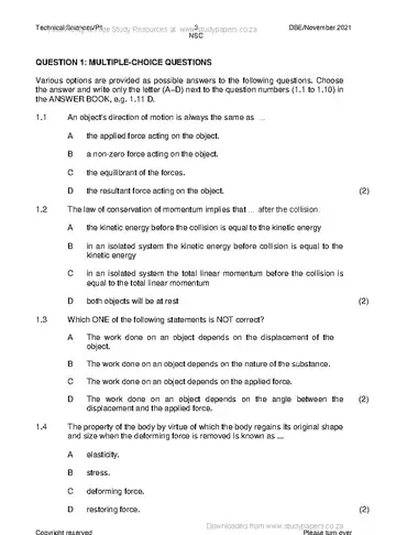 Technical Sciences Grade 12 November 2021 Paper 1 (National DBE) question paper, first page of questions