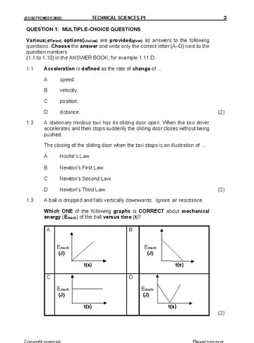 Technical Sciences Grade 12 September Trial 2022 Paper 1 question paper, first page of questions