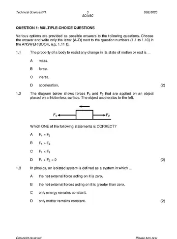 Technical Sciences Grade 12 May/June 2023 Paper 1 question paper, first page of questions