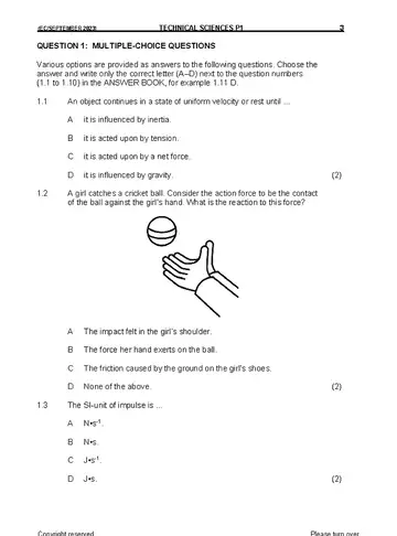 Technical Sciences Grade 12 September Trial 2023 Paper 1 question paper, first page of questions