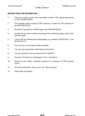 Technical Sciences Grade 12 May/June 2025 Paper 1 (National DBE) question paper, first page of questions