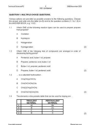 Technical Sciences Grade 12 November 2025 Paper 2 (National DBE) question paper, first page of questions