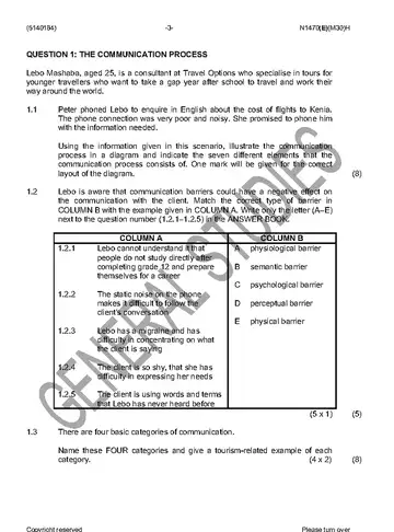 Tourism Communication N4 June 2016 question paper, first page of questions