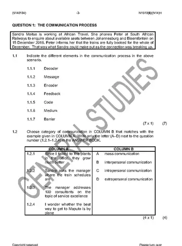 Tourism Communication N4 November 2016 question paper, first page of questions