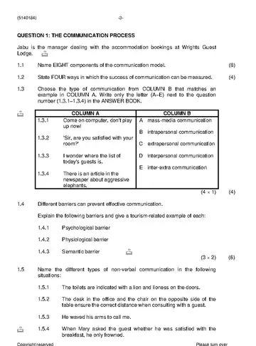 Tourism Communication N4 June 2019 question paper, first page of questions