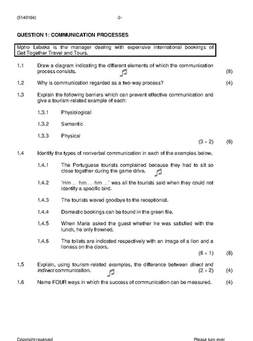 Tourism Communication N4 November 2020 question paper, first page of questions