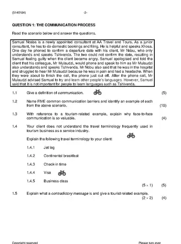 Tourism Communication N4 June 2021 question paper, first page of questions