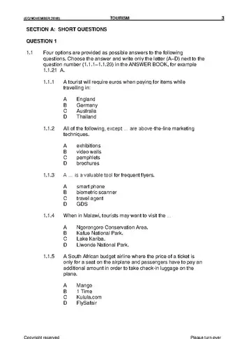 Tourism Grade 11 November 2018 question paper, first page of questions