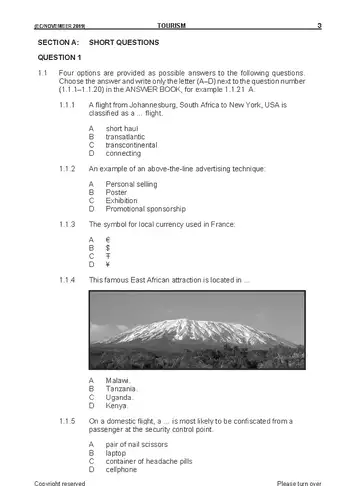Tourism Grade 11 November 2019 question paper, first page of questions