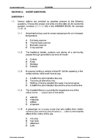 Tourism Grade 11 November 2020 question paper, first page of questions