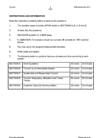 Tourism Grade 12 November 2012 (National DBE) question paper, first page of questions