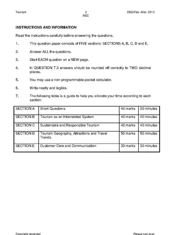 Tourism Grade 12 Feb/March Supplementary 2013 (National DBE) question paper, first page of questions