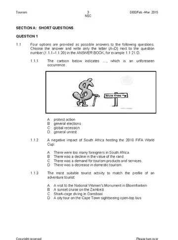 Tourism Grade 12 Feb/March Supplementary 2015 (National DBE) question paper, first page of questions