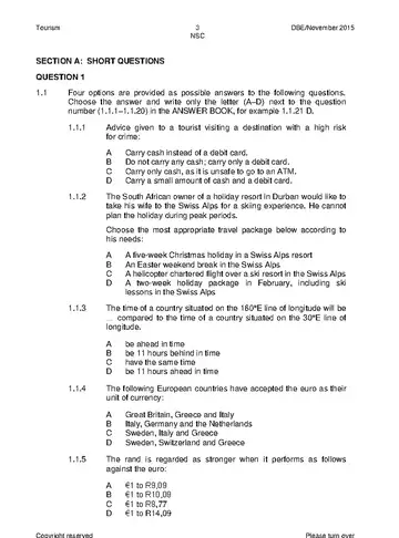 Tourism Grade 12 November 2015 (National DBE) question paper, first page of questions