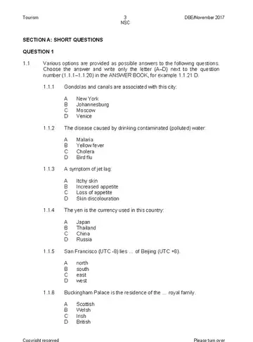 Tourism Grade 12 November 2017 (National DBE) question paper, first page of questions
