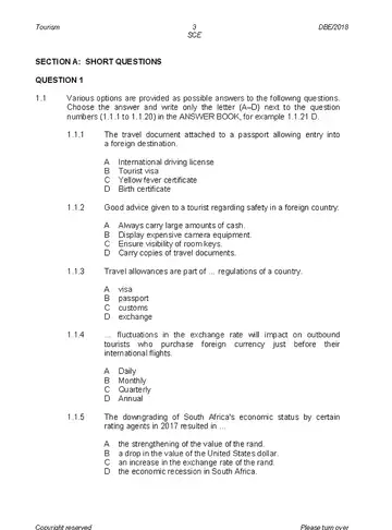 Tourism Grade 12 May/June 2018 question paper, first page of questions