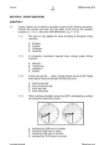 Tourism Grade 12 November 2018 (National DBE) question paper, first page of questions