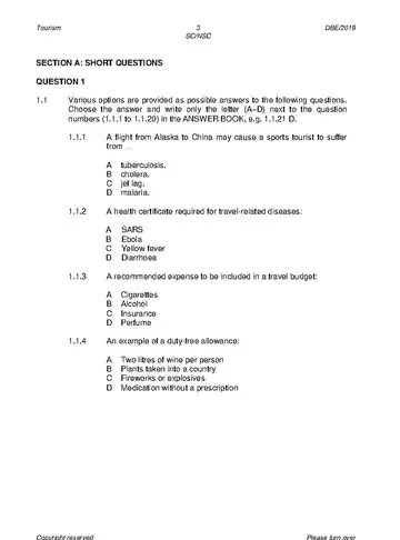 Tourism Grade 12 May/June 2019 question paper, first page of questions