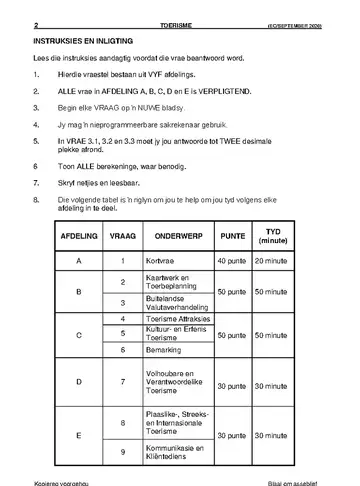 Tourism Grade 12 September Trial 2020 question paper, first page of questions