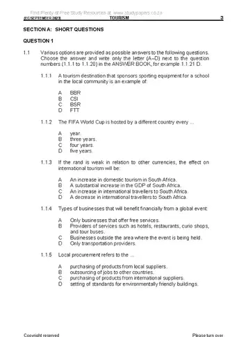 Tourism Grade 12 September Trial 2023 question paper, first page of questions