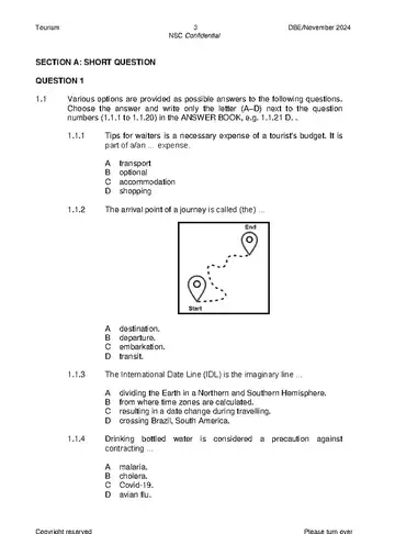 Tourism Grade 12 November 2024 (National DBE) question paper, first page of questions