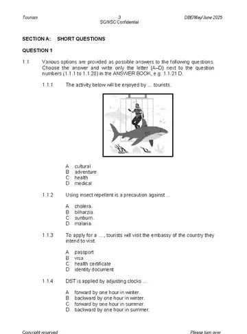 Tourism Grade 12 May/June 2025 question paper, first page of questions