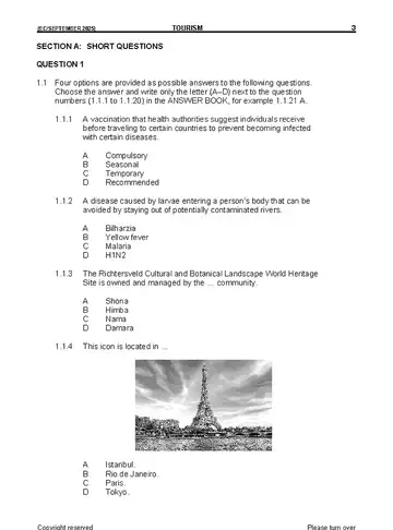 Tourism Grade 12 September Trial 2025 question paper, first page of questions