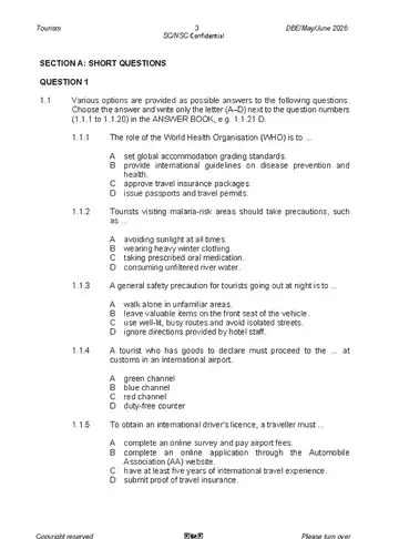 Tourism Grade 12 May/June 2026 question paper, first page of questions