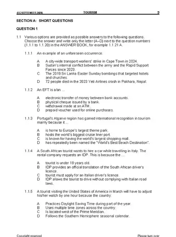 Tourism Grade 12 September Trial 2026 (Eastern Cape) question paper, first page of questions