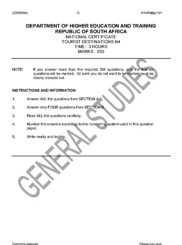 Tourist Destinations N4 June 2016 question paper, first page of questions