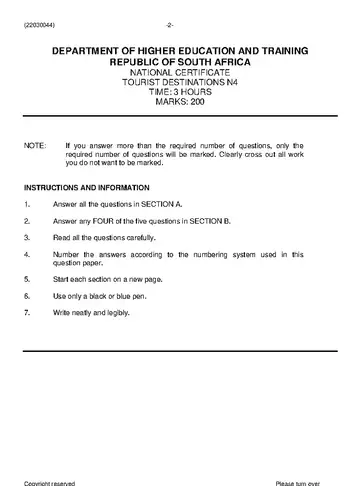Tourist Destinations N4 June 2021 question paper, first page of questions