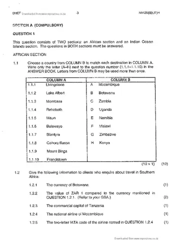 Tourist Destinations N5 June 2013 question paper, first page of questions