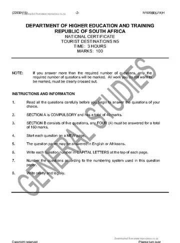 Tourist Destinations N5 June 2016 question paper, first page of questions