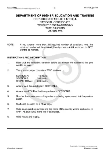 Tourist Destinations N5 June 2018 question paper, first page of questions