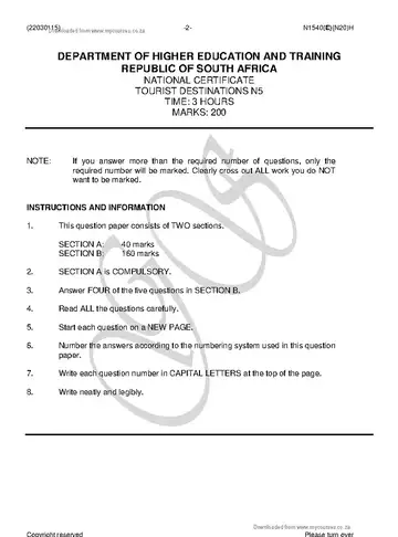 Tourist Destinations N5 November 2018 question paper, first page of questions