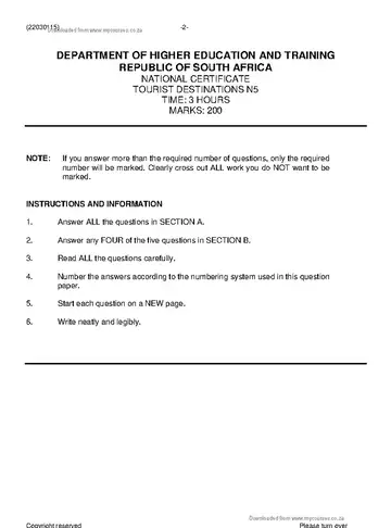 Tourist Destinations N5 June 2019 question paper, first page of questions
